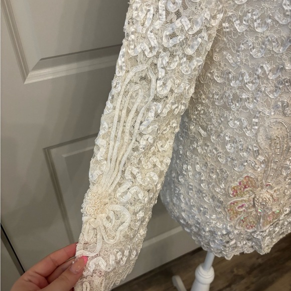 Vintage white lace beaded long sleeve blouse size L - Picture 4 of 16